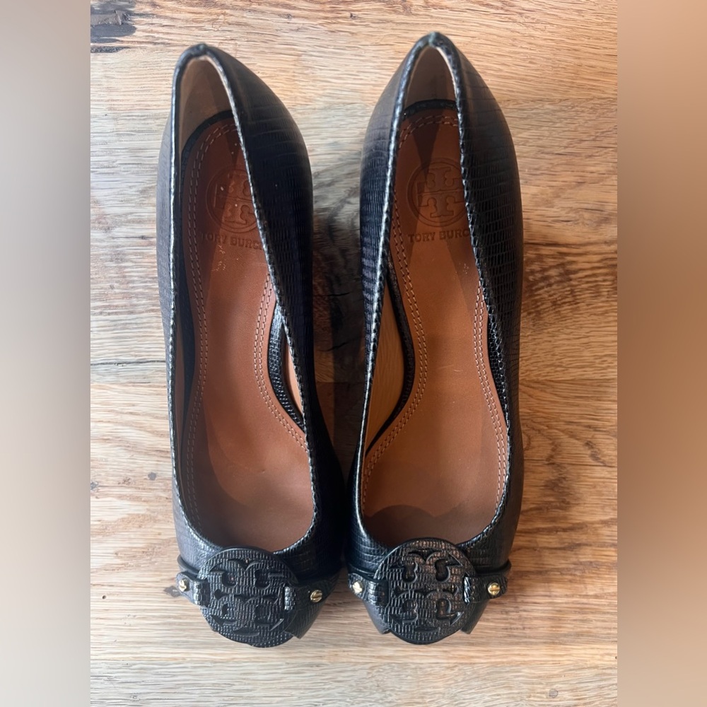 Tory Burch Black Open Toe Wedges
